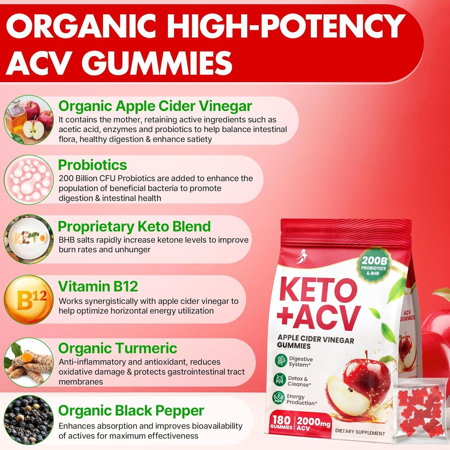 Advanced Keto Apple Cider Vinegar Gummies with Probiotics, BHB, B12 - 2000mg ACV Gummy for Detox, Cleanse, Metabolism - Sugar Free - 180 Count