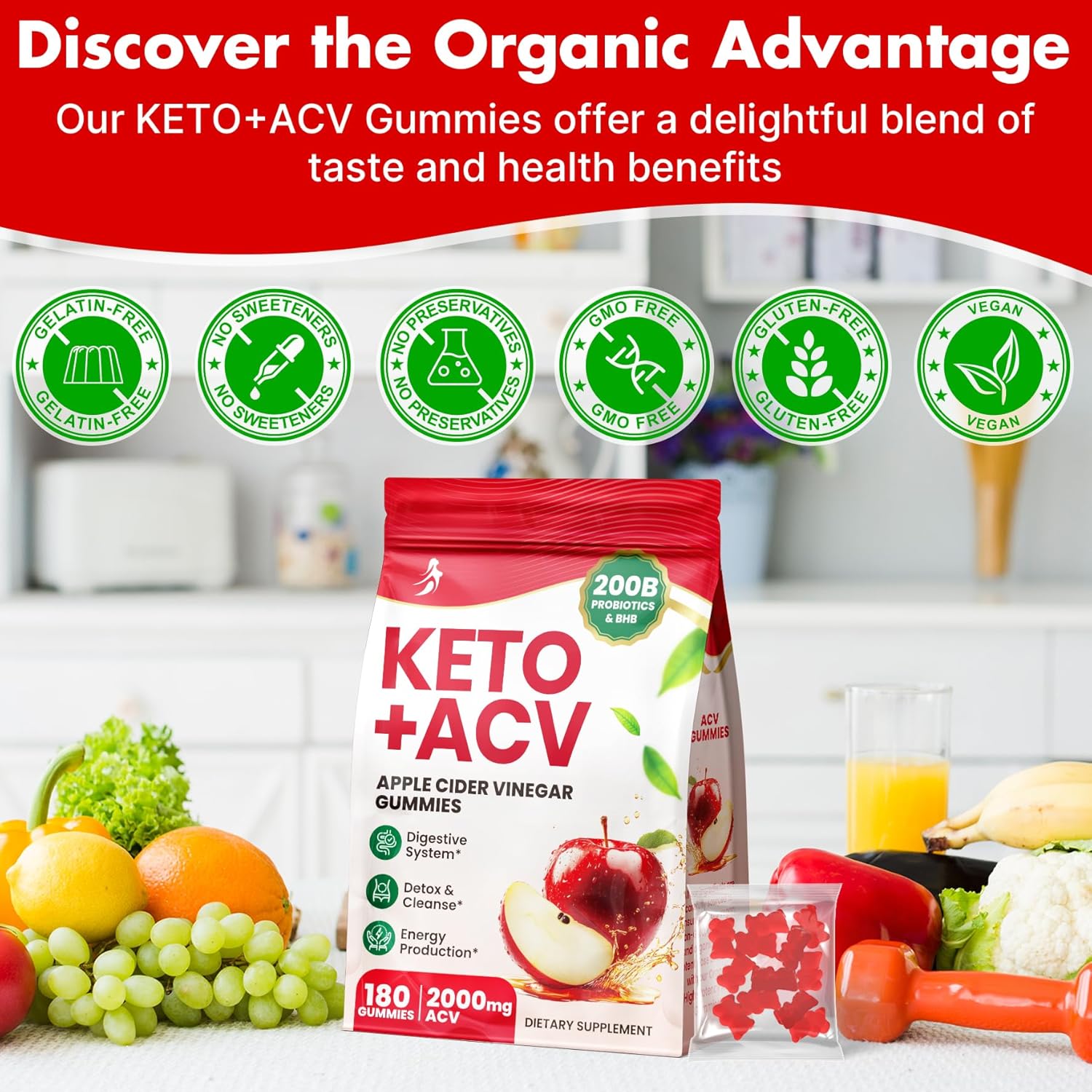 Advanced Keto Apple Cider Vinegar Gummies with Probiotics, BHB, B12 - 2000mg ACV Gummy for Detox, Cleanse, Metabolism - Sugar Free - 180 Count