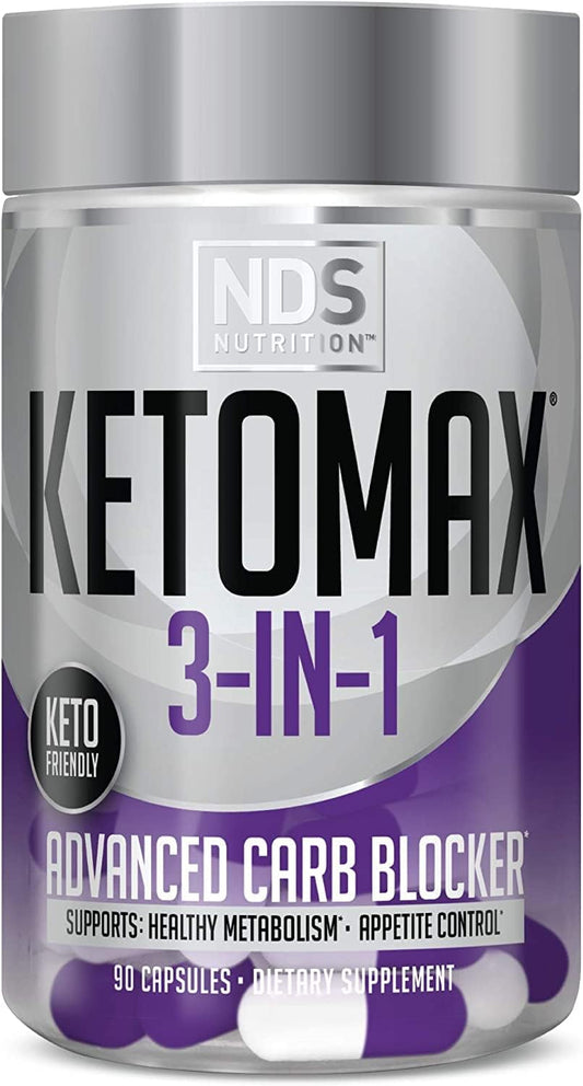 Advanced Keto-Max NDS Nutrition 3-in-1 Supplement with White Kidney Bean, Chitosan, Raspberry Ketones, Vanadium - 90 Capsules