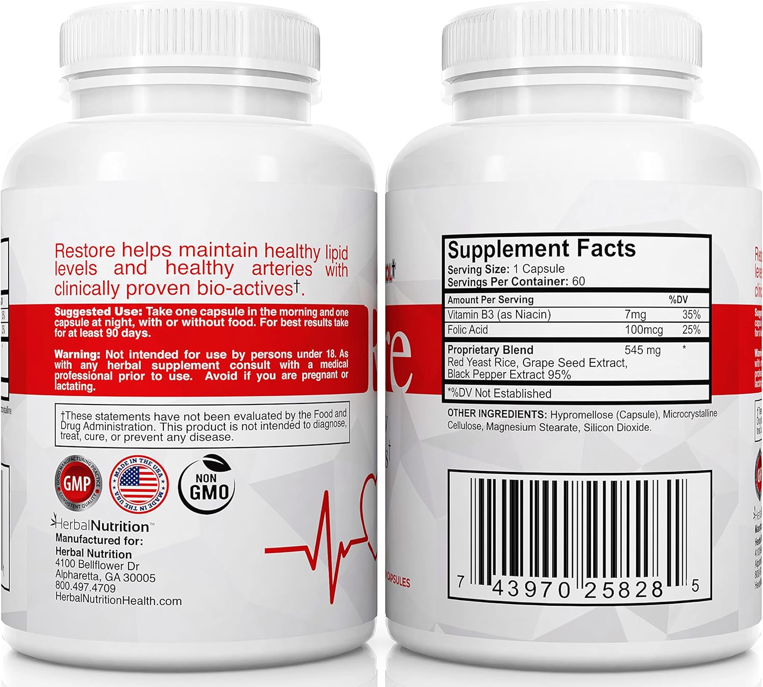 Advanced Lipid Control Herbal Supplement - Red Yeast Rice, Grape Seed, Folic Acid for Healthy Cholesterol - All-Natural Bio-Actives, Promotes Heart Health