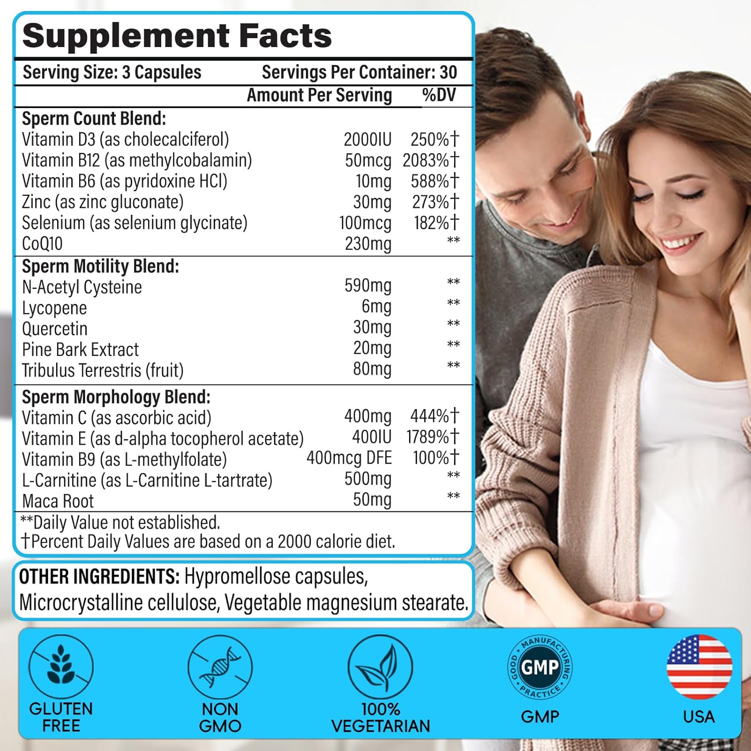 Advanced Male Fertility Supplement for Optimal Sperm Health with Maca Root, Tribulus Terrestris, Zinc, CoQ10 - 90 Capsules
