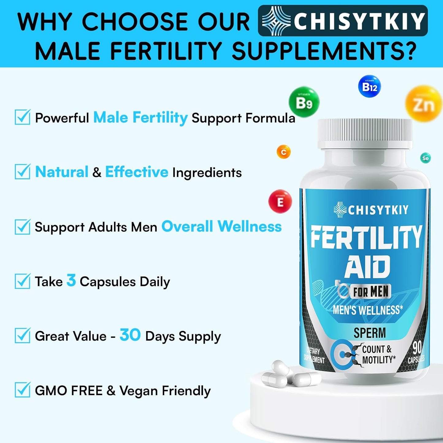 Advanced Male Fertility Supplement for Optimal Sperm Health with Maca Root, Tribulus Terrestris, Zinc, CoQ10 - 90 Capsules