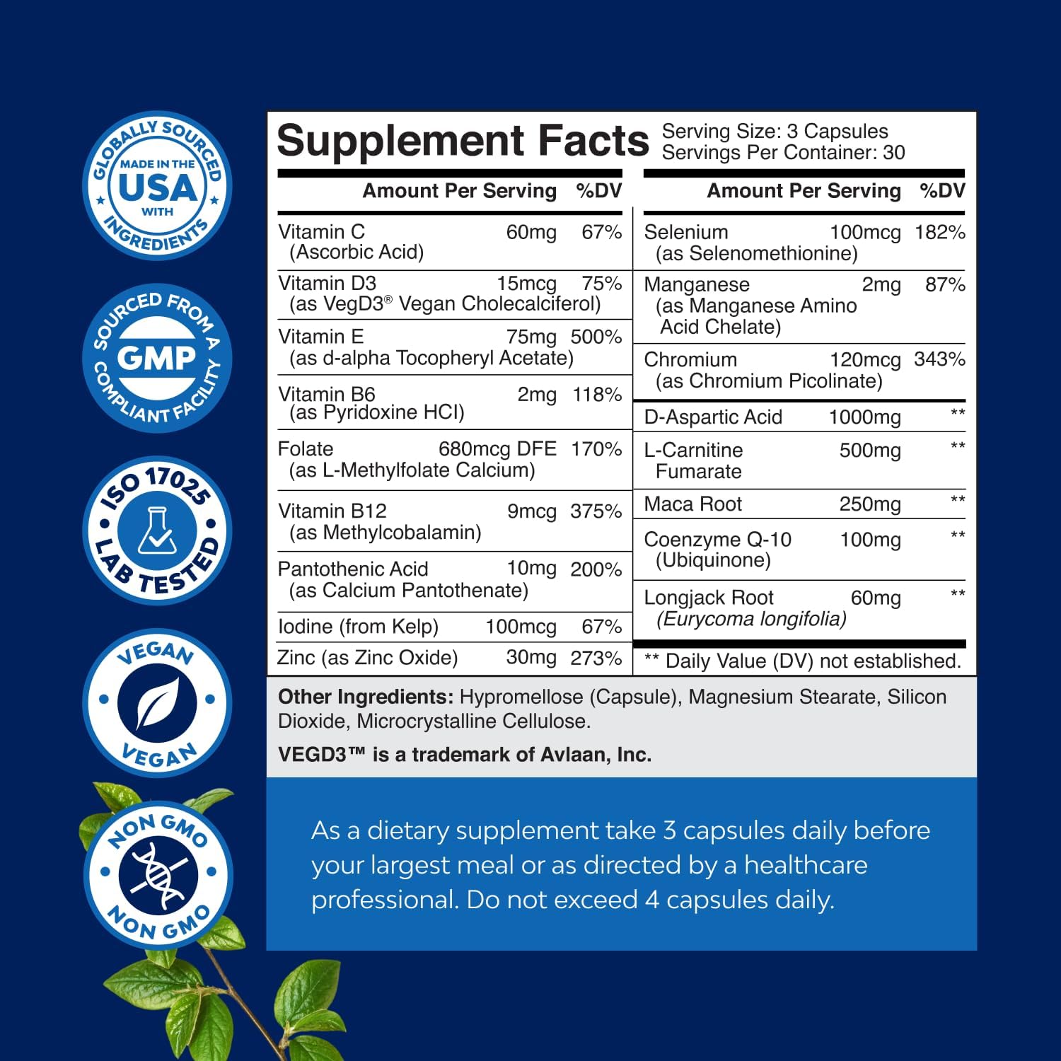 Advanced Male Fertility Supplement with CoQ10, Maca Root, Methyl Folate & D-Aspartic Acid - Boost Count & Motility - 1 Month Supply