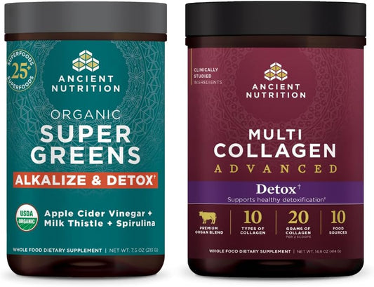 Advanced Multi Collagen Powder Cleanse & Detox with Organic SuperGreens Alkalize, Unflavored, 36 Servings + 25 Servings
