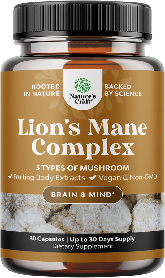 Advanced Mushroom Supplement for Brain Health & Mental Clarity - Lions Mane Capsules with Reishi, Chaga, Maitake & Shiitake - Memory Support & Focus - 30 Capsules
