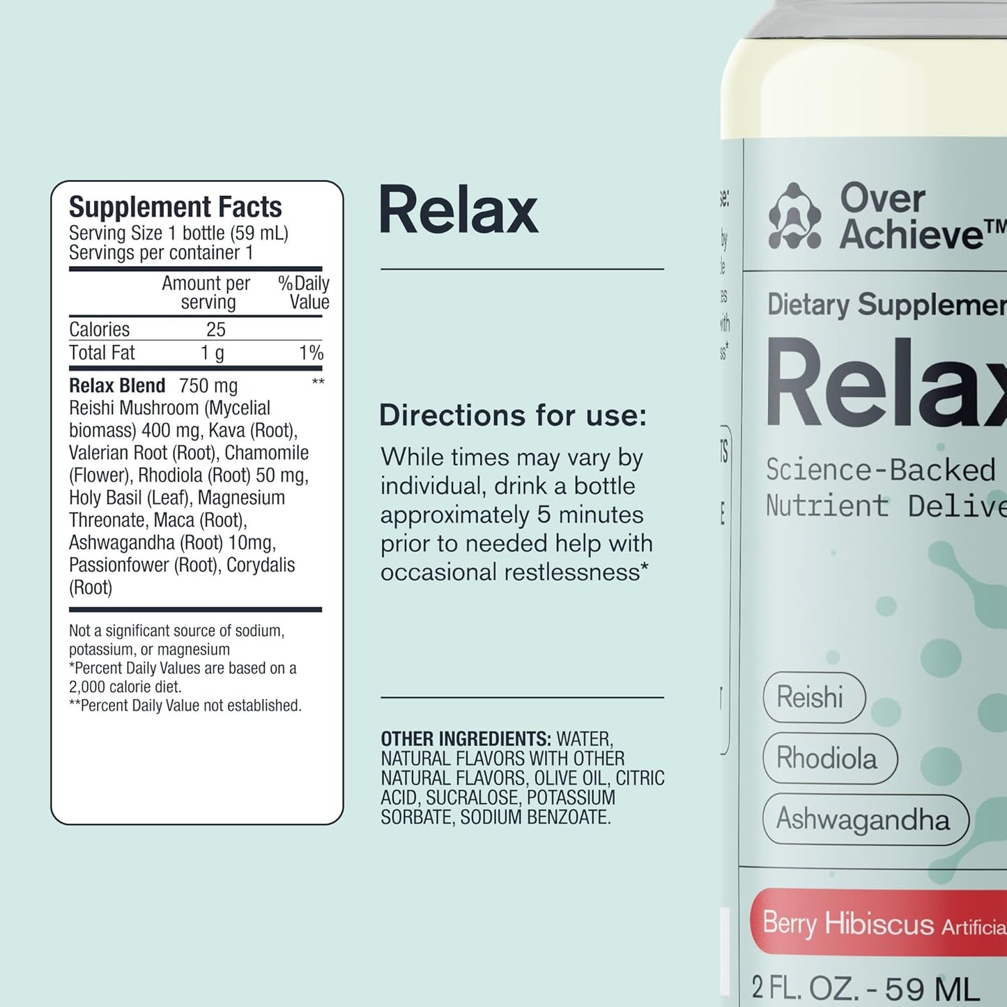 Advanced Nanoscience Relax Drink 3 Pack for Stress Relief with Ashwagandha, Rhodiola Rosea, & Reishi Mushroom - Berry Hibiscus Flavor 2oz