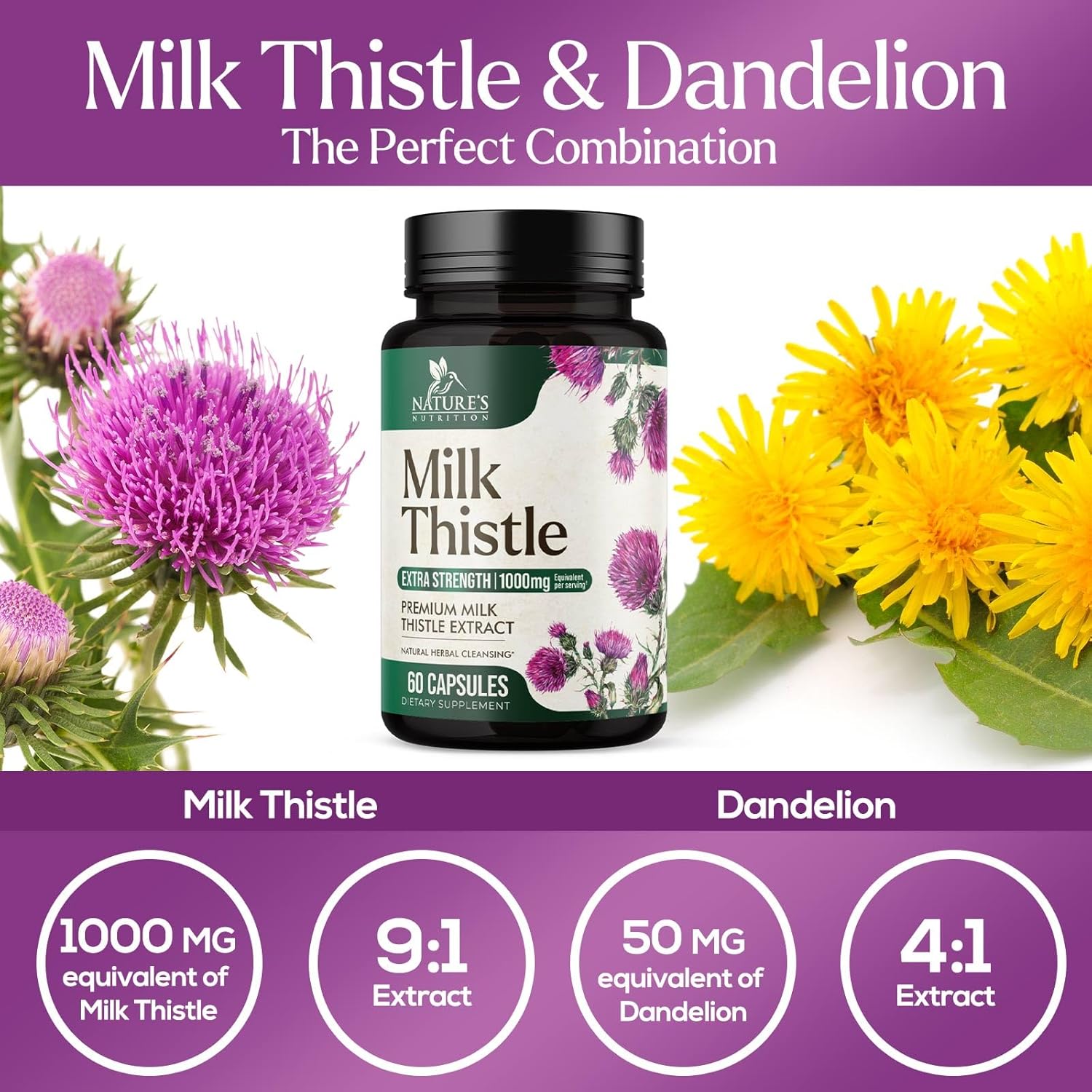 Advanced Nature's Nutrition Milk Thistle & Dandelion Root Liver Cleanse Detox - 1000mg Supplement with Silymarin Marianum - Liver Health Support Formula - 60 Capsules