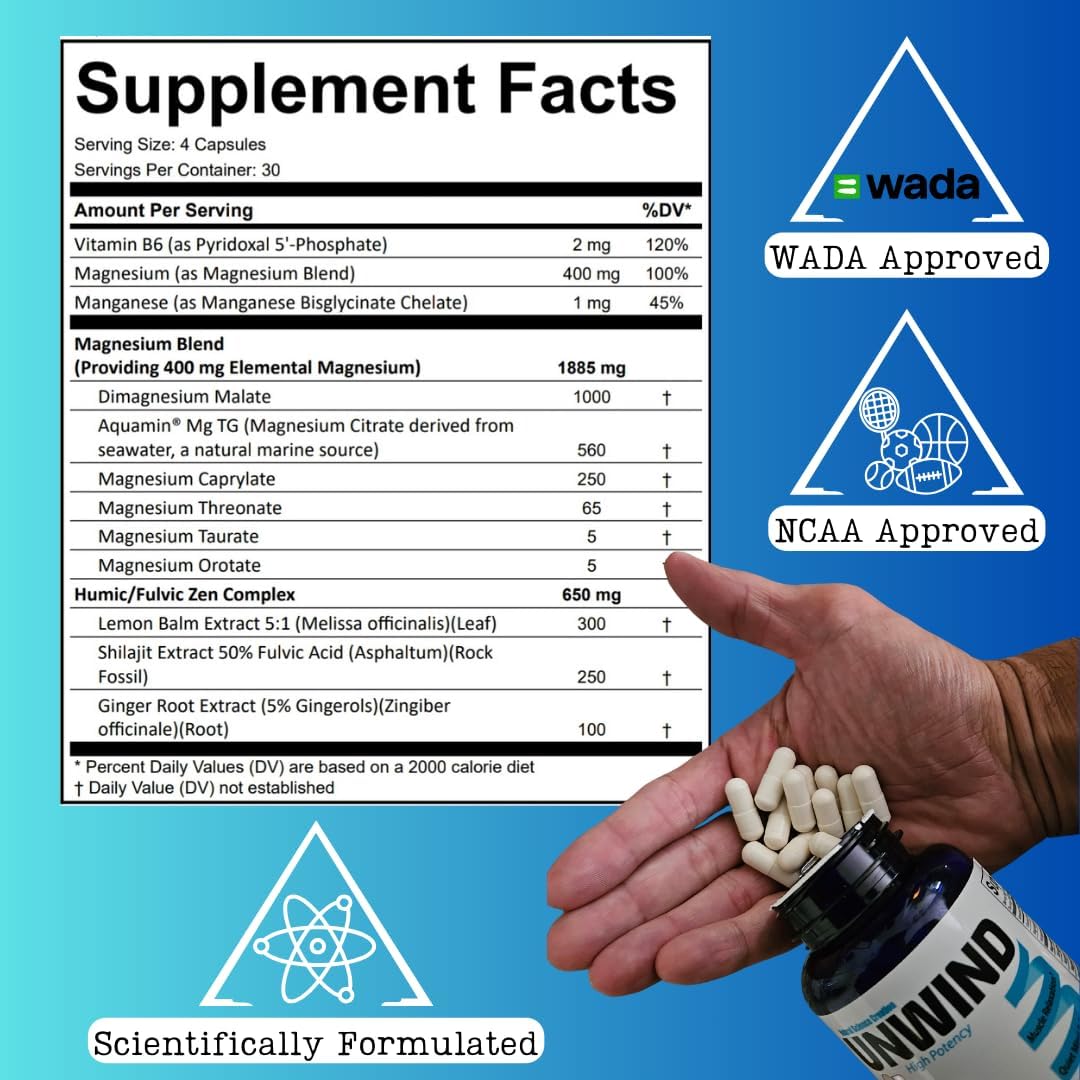 Advanced Relaxation Supplement with Max Strength Elemental Magnesium, Lemon Balm, Primavie Shilajit, Ginger - 120 Capsules