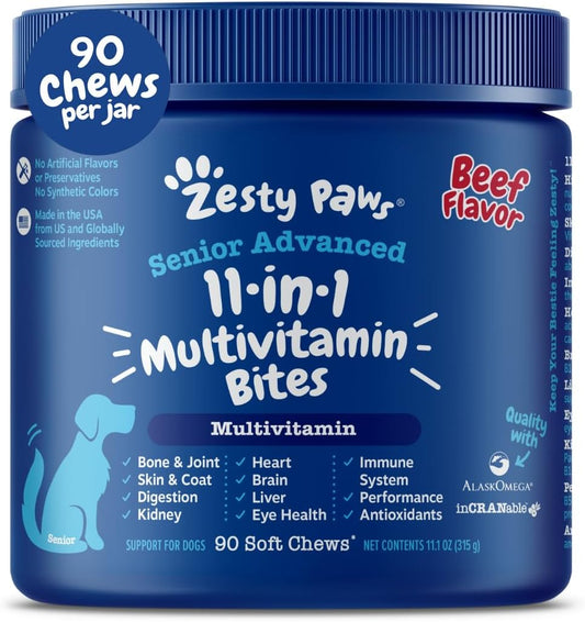 Advanced Senior Dog Multivitamin Treats with Glucosamine, Probiotics, and Enzymes - Grain-Free - Beef Flavor - 90 Count