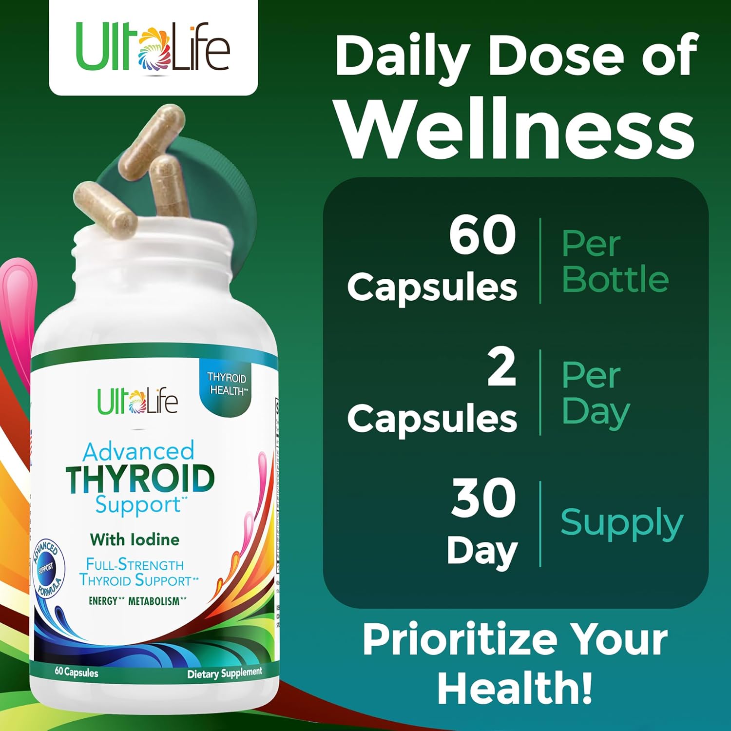 Advanced Thyroid Support Supplement with Iodine, Vitamin B12, Ashwagandha, Selenium & Zinc - Boosts Energy, Metabolism & Immune Health - 60 Capsules