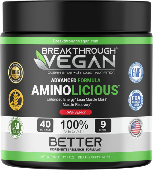 Advanced Vegan Essential Amino Acid Powder for Energy, Muscle Mass, and Recovery - Raspberry Flavor