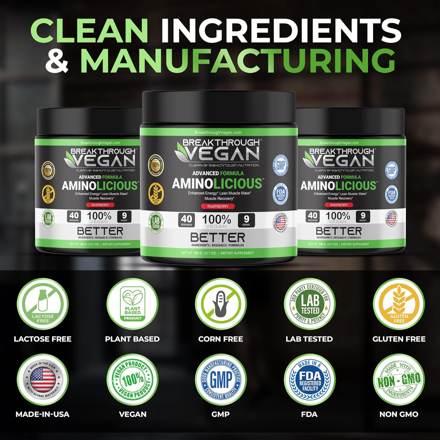 Advanced Vegan Essential Amino Acid Powder for Energy, Muscle Mass, and Recovery - Raspberry Flavor