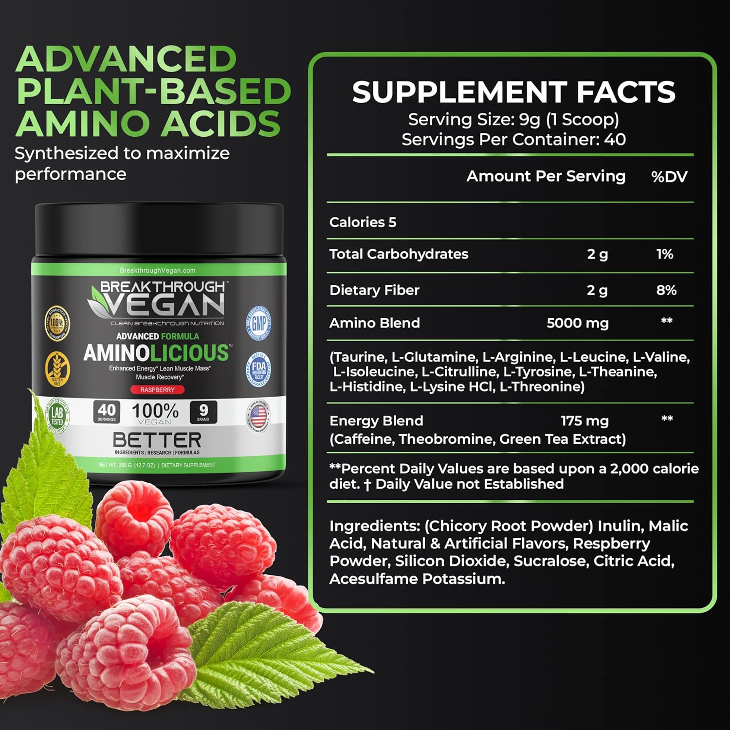 Advanced Vegan Essential Amino Acid Powder for Energy, Muscle Mass, and Recovery - Raspberry Flavor