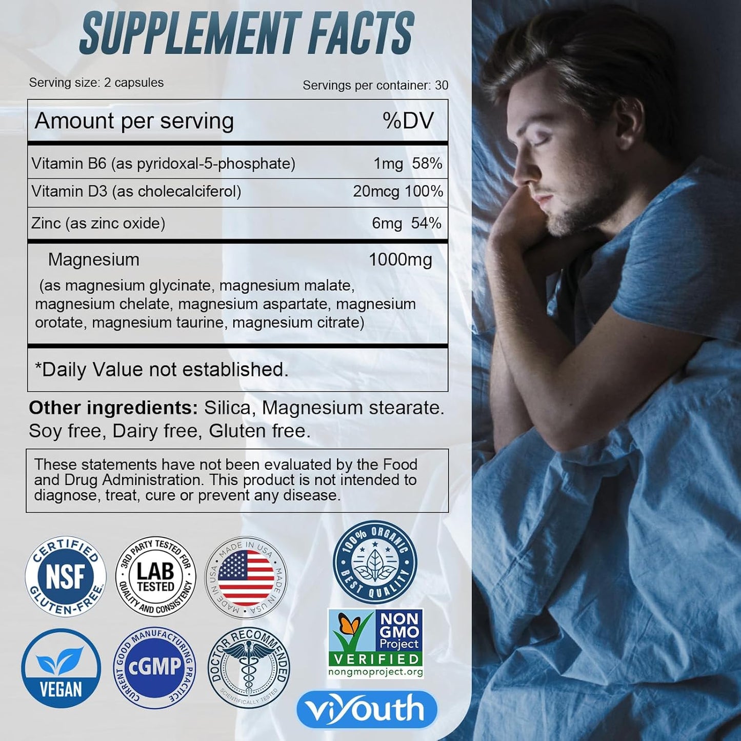 Advanced VIYOUTH Magnesium Complex Supplement with Zinc, Vitamin D3 & B6 for Sleep and Muscle Relief - 60 Capsules