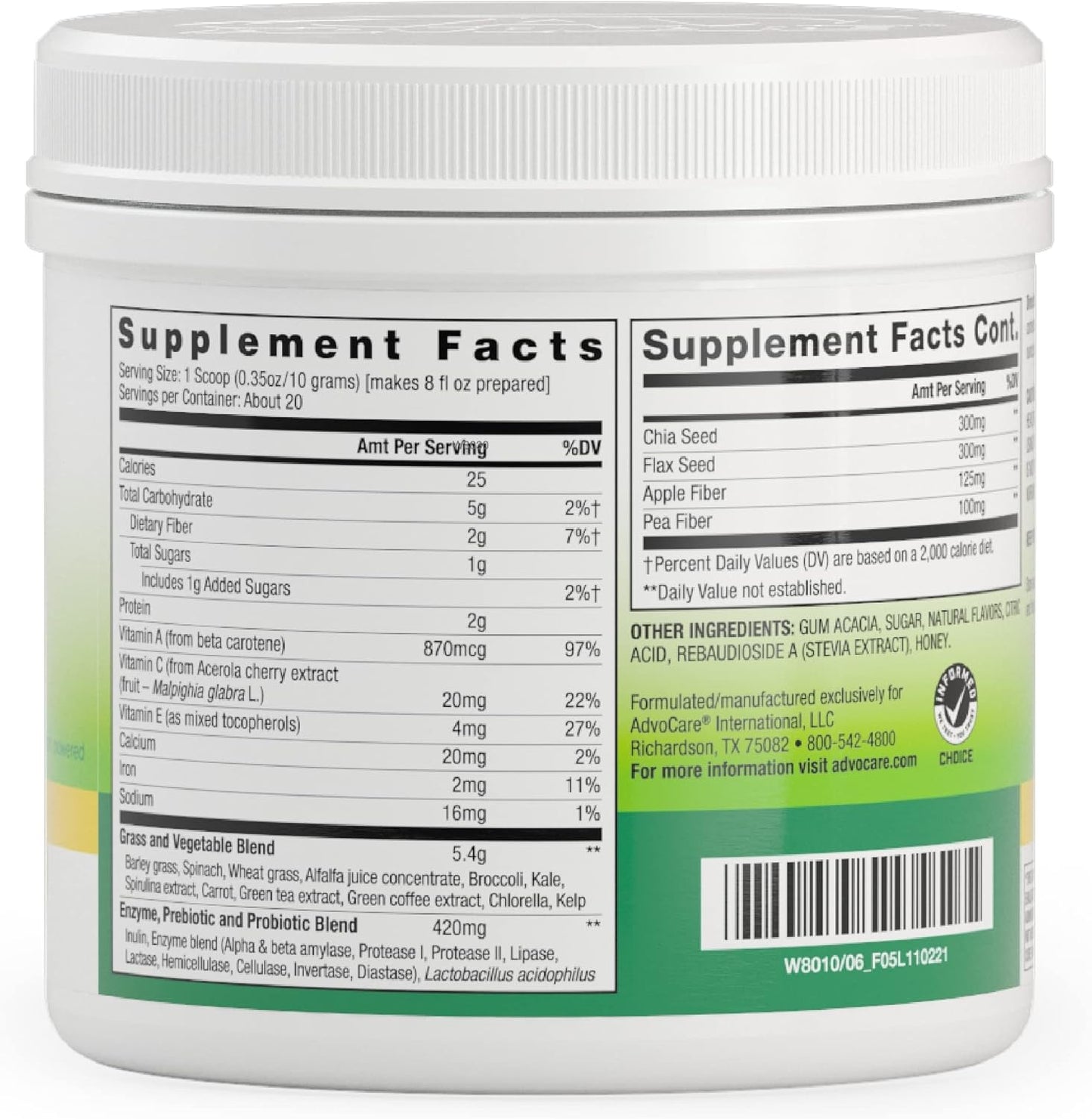 AdvoCare Greens Powder: Digestive Health Support with Antioxidants, Prebiotics, Probiotics - Broccoli, Carrot, Lemon - 7 oz