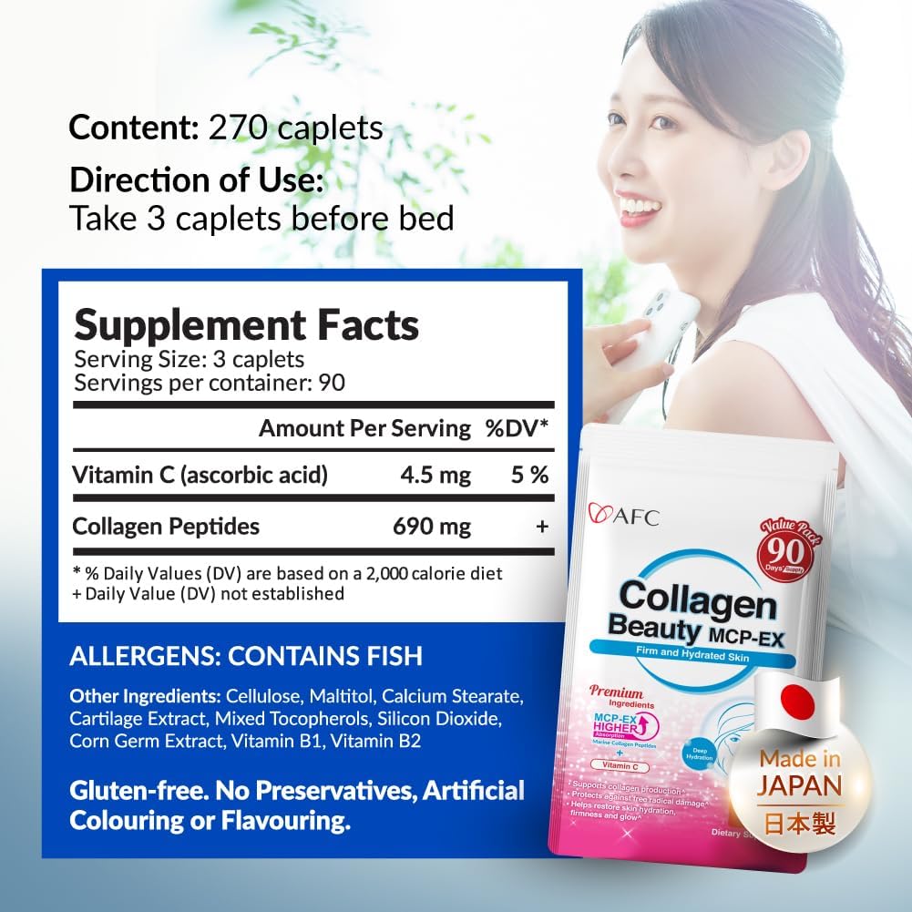 AFC Japan Collagen Beauty MCP-EX: Superior Marine Collagen Peptide for Skin, Hair, Nails, and Joints - 90 Day Supply for Women & Men