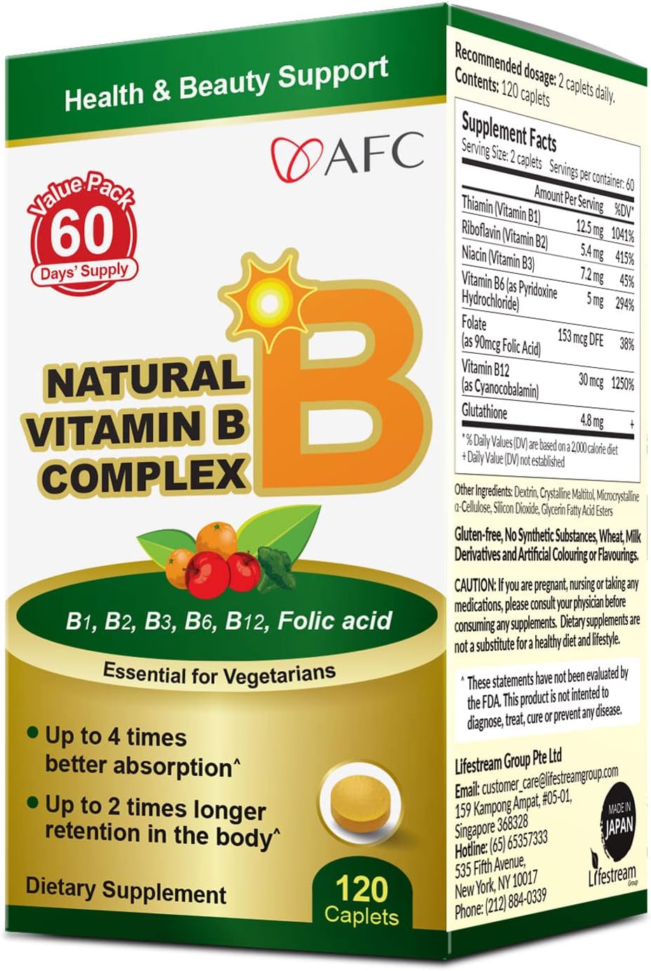 AFC Japan Natural Vitamin B Complex with Glutathione Yeast Extract, Vegan Supplement for Stress & Energy, Non-GMO, 120 Caplets
