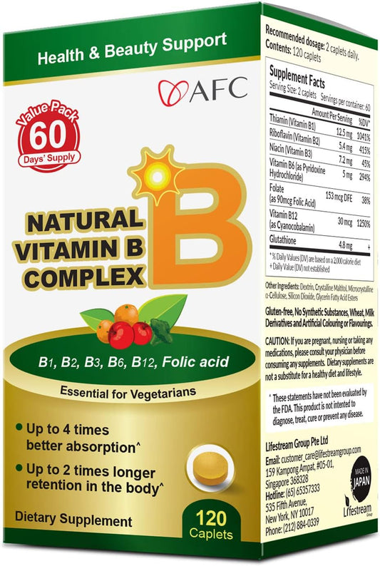 AFC Japan Natural Vitamin B Complex with Glutathione Yeast Extract, Vegan Supplement for Stress & Energy, Non-GMO, 120 Caplets