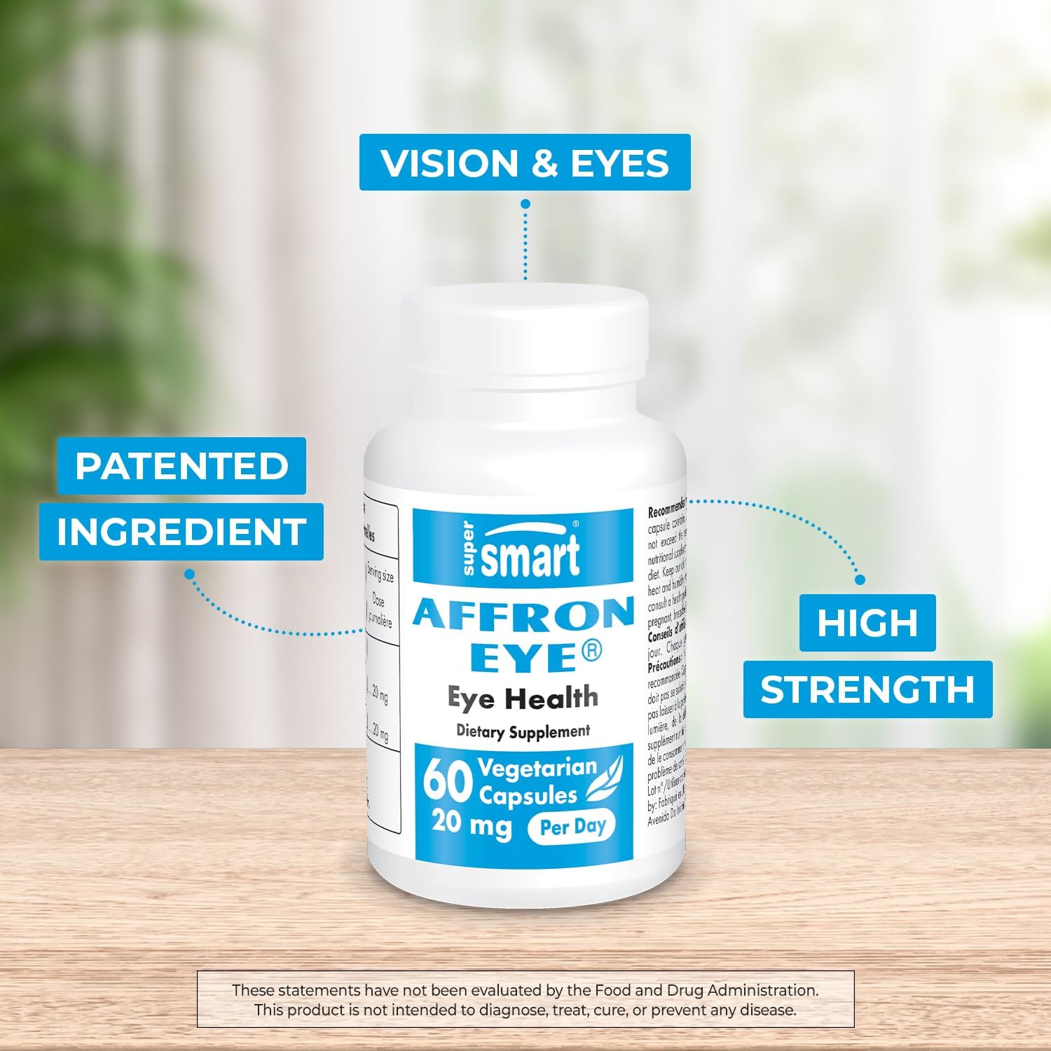 Affron Eye 20mg per Day Saffron Supplement with 3% Crocin for Macular Support - Non-GMO & Gluten Free - 60 Vegetarian Capsules