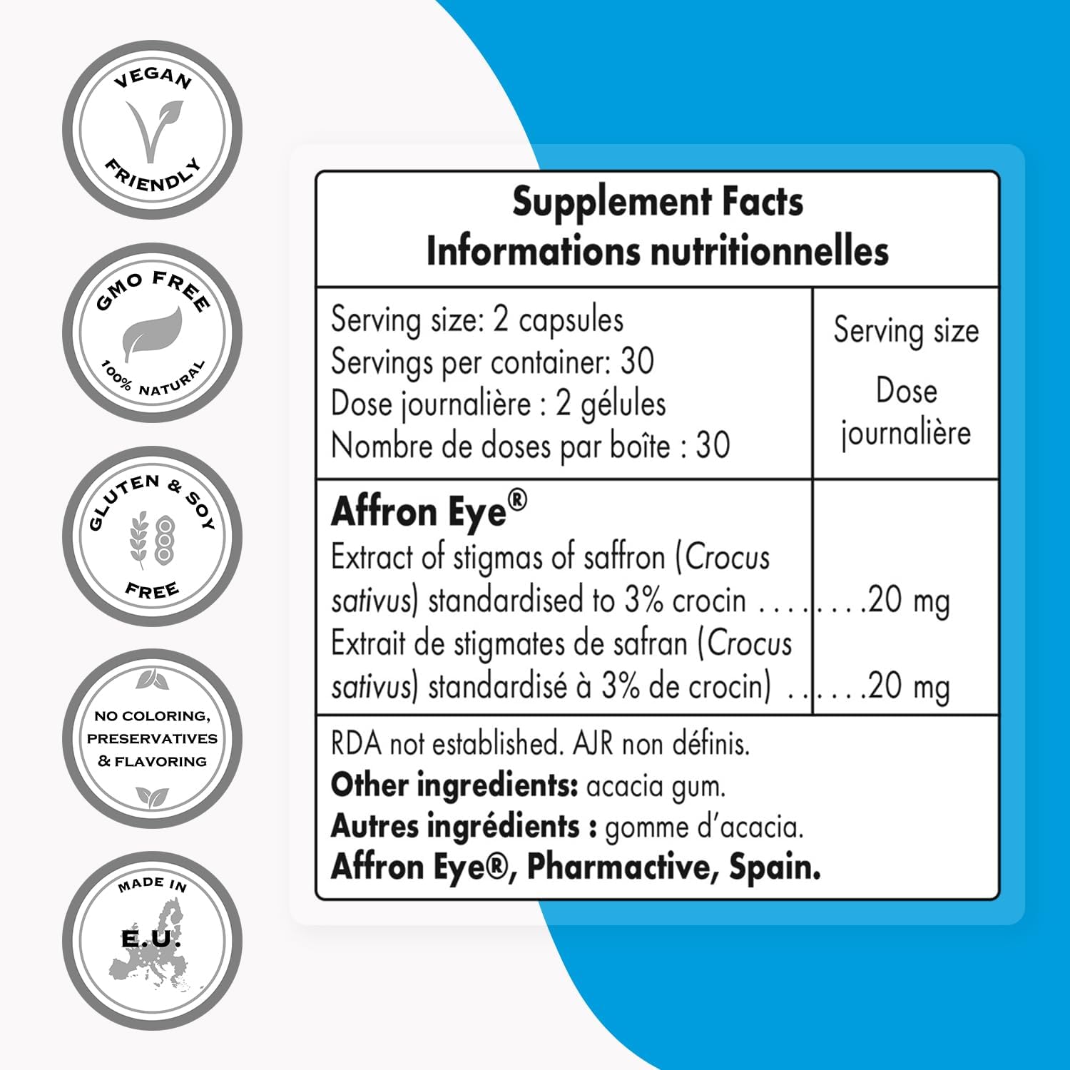 Affron Eye 20mg per Day Saffron Supplement with 3% Crocin for Macular Support - Non-GMO & Gluten Free - 60 Vegetarian Capsules
