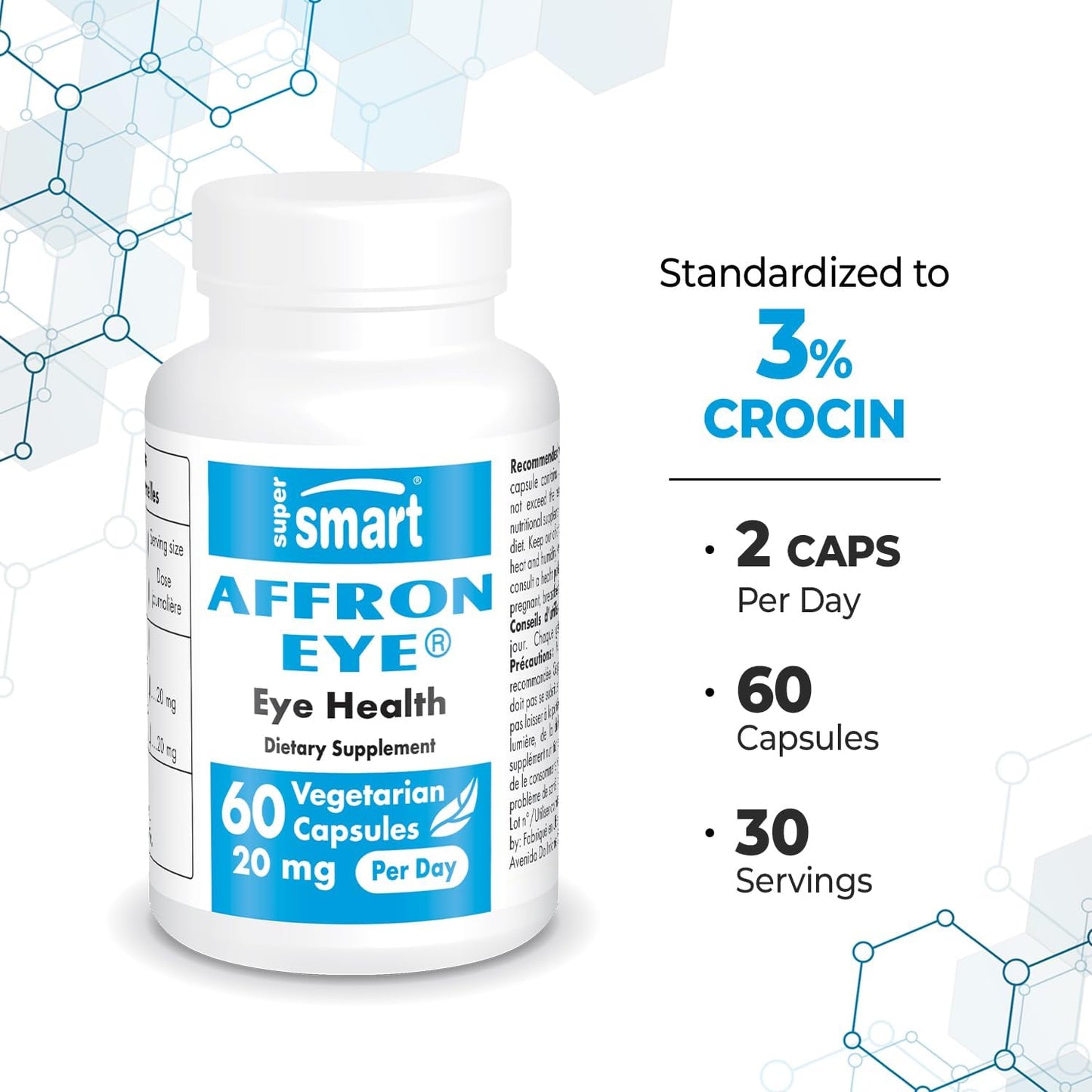 Affron Eye 20mg per Day Saffron Supplement with 3% Crocin for Macular Support - Non-GMO & Gluten Free - 60 Vegetarian Capsules