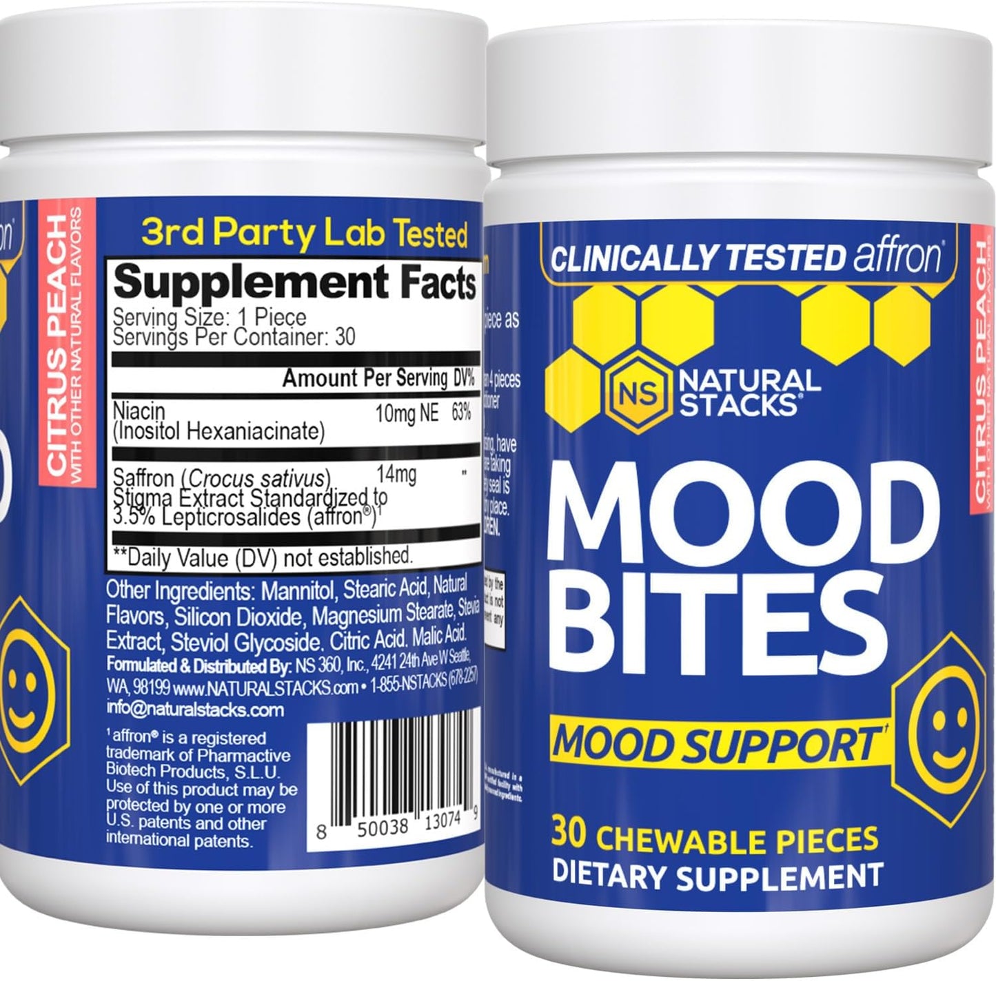 Affron Mood Bites with Vitamin B3 for Stress Relief - Saffron & Niacin Mood Support Supplement - Clinically Tested - 30 Citrus Peach Chewables