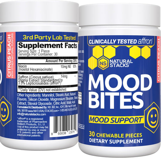 Affron Mood Bites with Vitamin B3 for Stress Relief - Saffron & Niacin Mood Support Supplement - Clinically Tested - 30 Citrus Peach Chewables