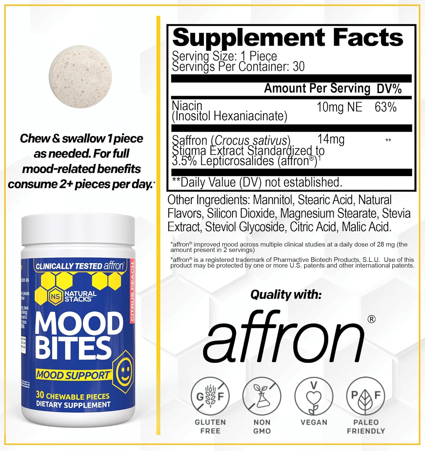 Affron Mood Bites with Vitamin B3 for Stress Relief - Saffron & Niacin Mood Support Supplement - Clinically Tested - 30 Citrus Peach Chewables