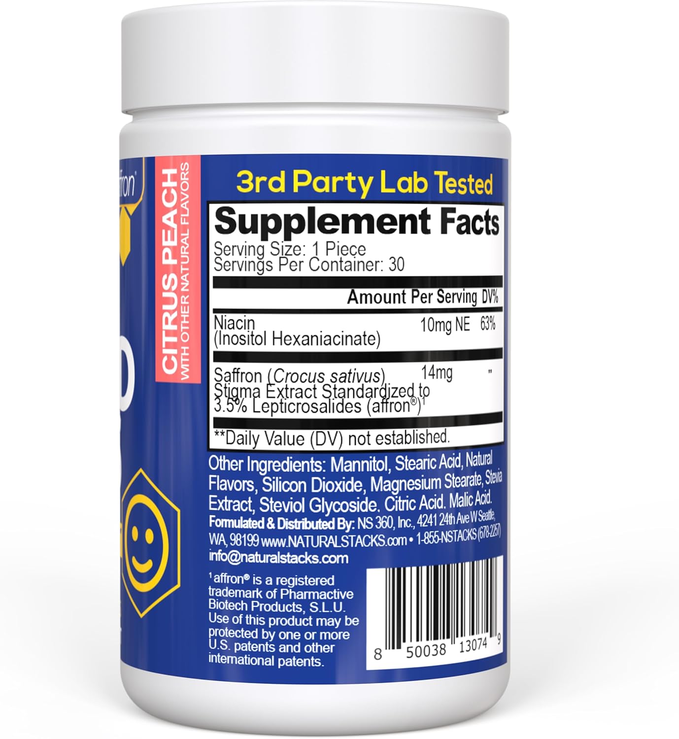 Affron Mood Bites with Vitamin B3 for Stress Relief - Saffron & Niacin Mood Support Supplement - Clinically Tested - 30 Citrus Peach Chewables