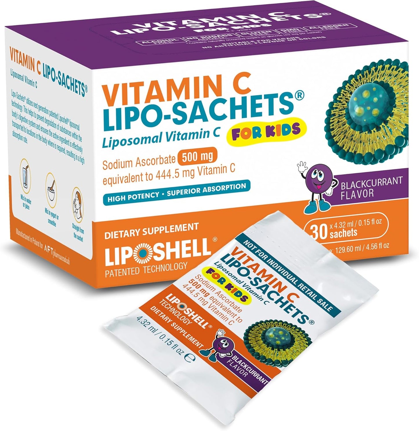 AFT Pharmaceuticals Kids Liposomal Vitamin C Gel Sachets - Blackcurrant Flavor, Immune Support Supplement for Children, 30 Pack