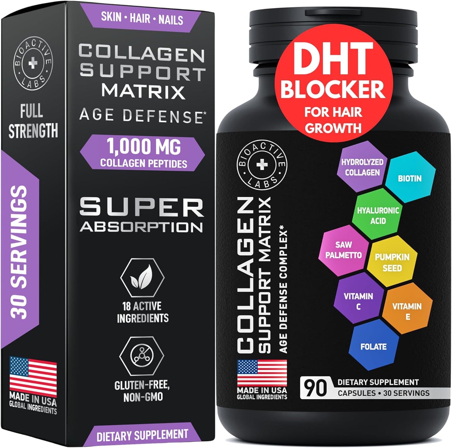 Age Defense Beauty Collagen Matrix Supplement with 2,000mg Multi Collagen, Biotin, Keratin, Hyaluronic Acid, Saw Palmetto, Vitamin C - Hair Growth DHT Blocker for Men & Women - 90 Capsules