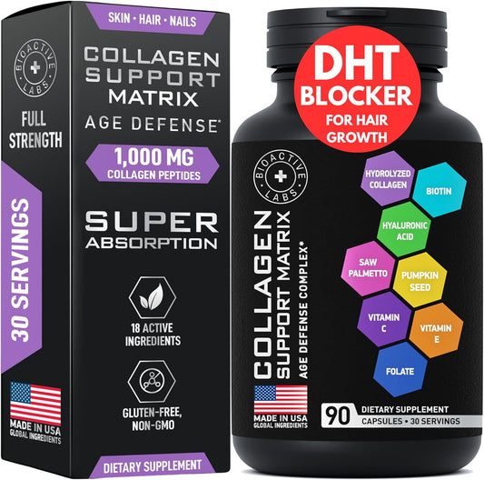 Age Defense Beauty Collagen Matrix Supplement with 2,000mg Multi Collagen, Biotin, Keratin, Hyaluronic Acid, Saw Palmetto, Vitamin C - Hair Growth DHT Blocker for Men & Women - 90 Capsules
