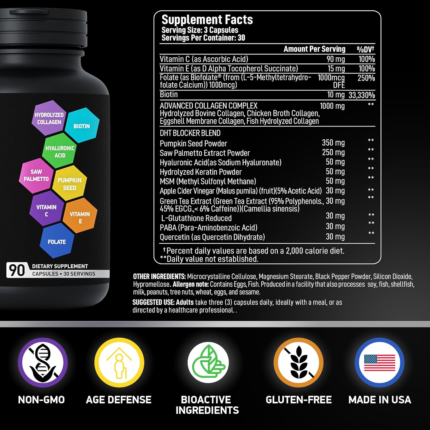 Age Defense Beauty Collagen Matrix Supplement with 2,000mg Multi Collagen, Biotin, Keratin, Hyaluronic Acid, Saw Palmetto, Vitamin C - Hair Growth DHT Blocker for Men & Women - 90 Capsules