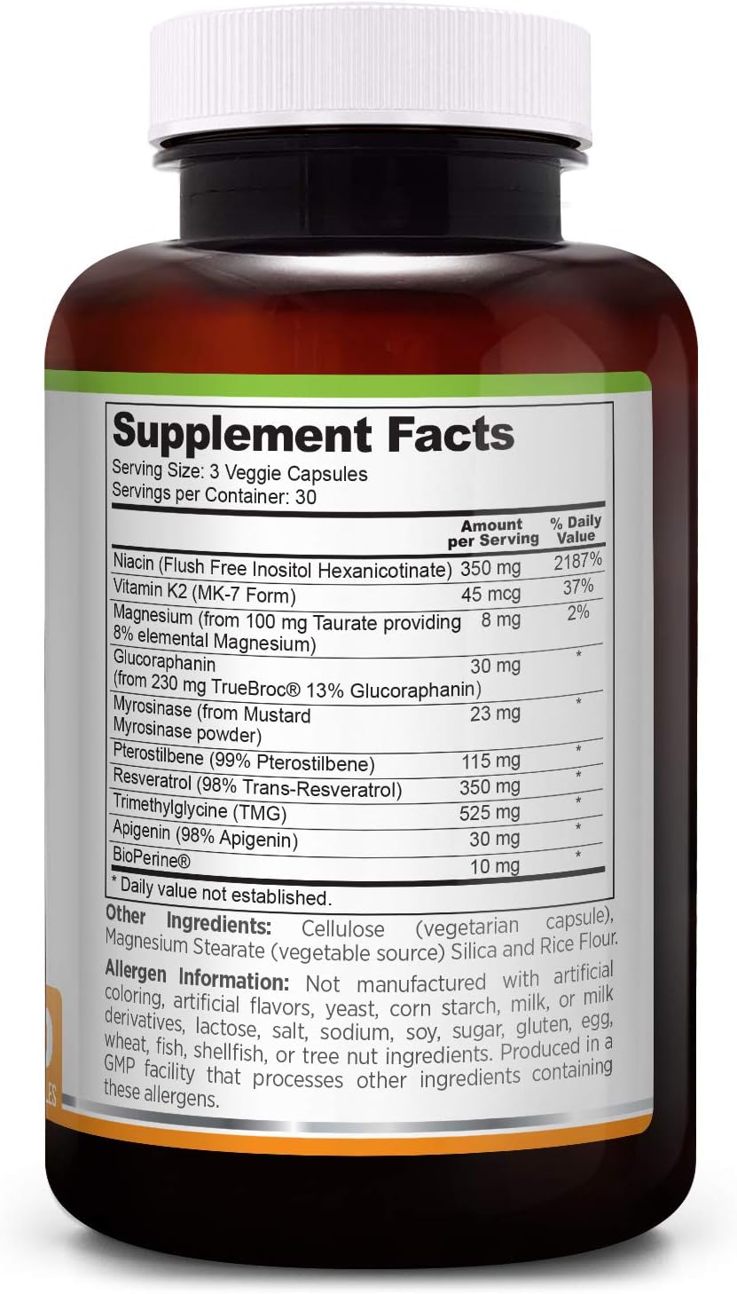 Age Defense Supplement with Sulforaphane, NAD+, Apigenin, Niacin, TMG, Pterostilbene, Trans-Resveratrol, Vitamin K2, Magnesium - 90 VCaps