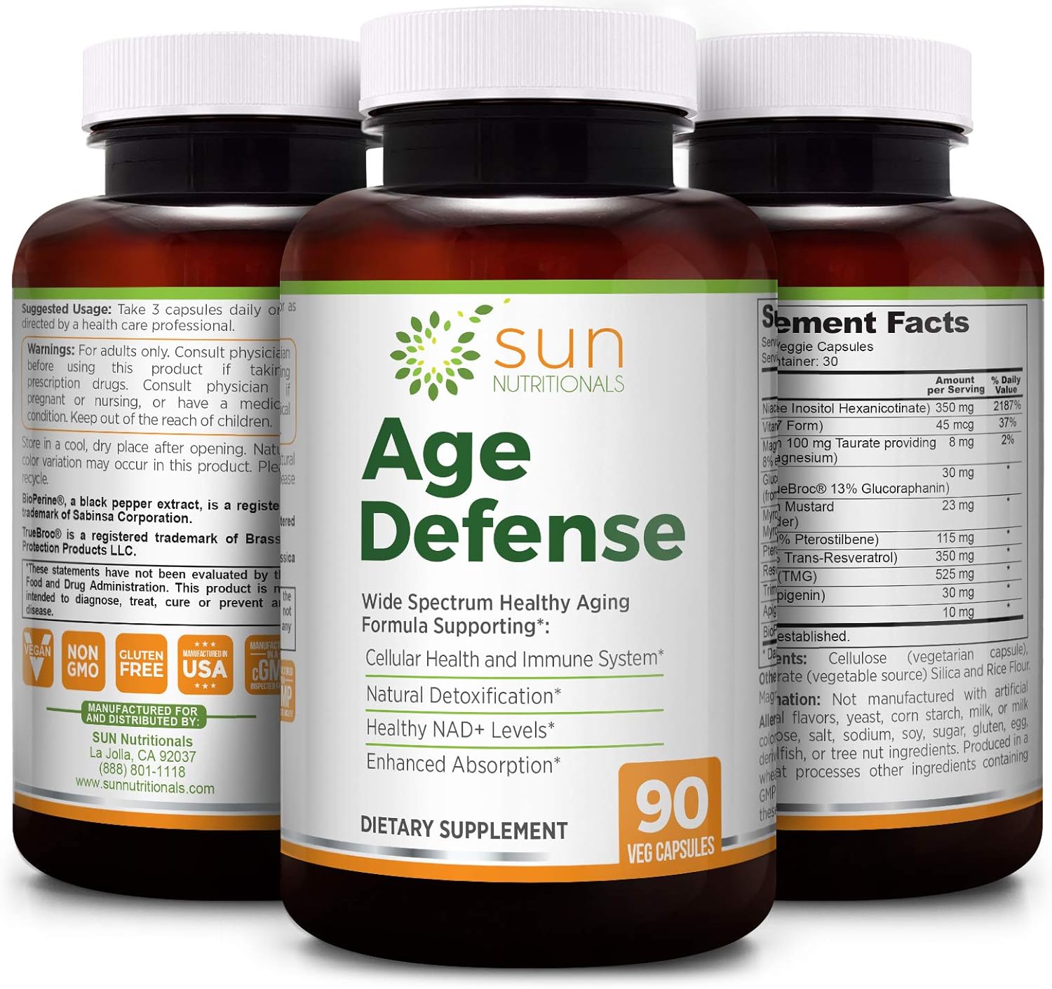 Age Defense Supplement with Sulforaphane, NAD+, Apigenin, Niacin, TMG, Pterostilbene, Trans-Resveratrol, Vitamin K2, Magnesium - 90 VCaps