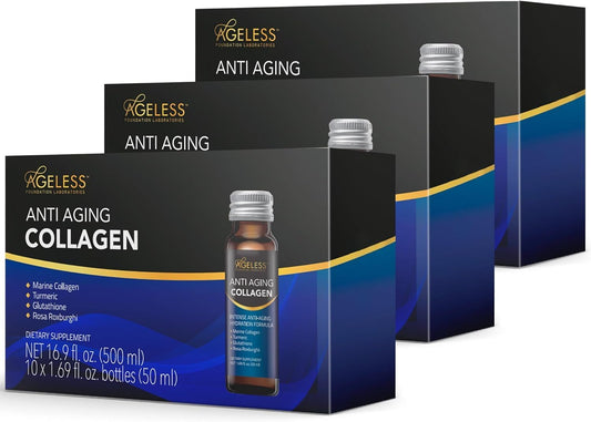 Ageless Foundation Laboratories Marine Collagen Liquid with Turmeric, Glutathione, and Rosa Roxburghi - 50 ml (30 Count)