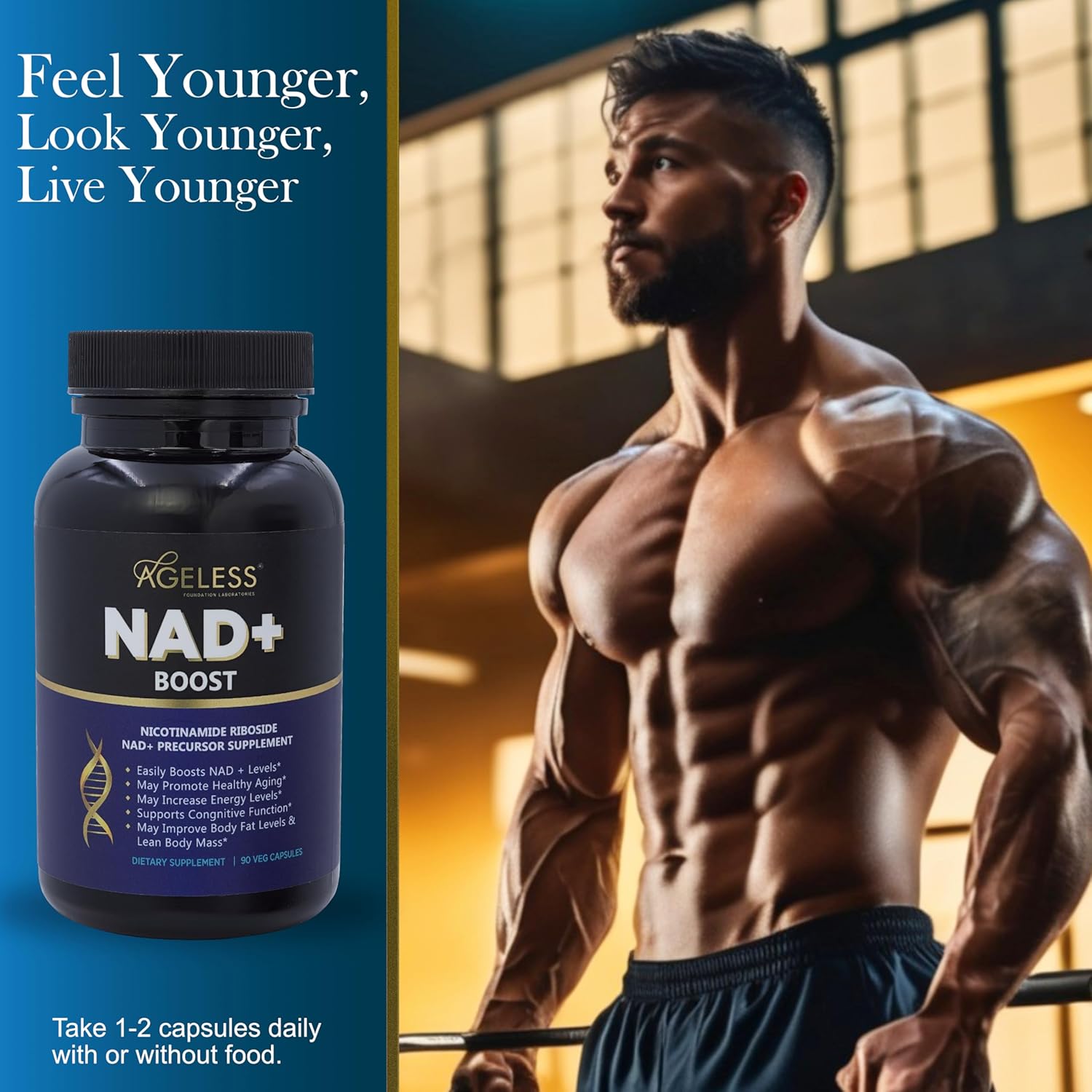 Ageless Foundation Laboratories NAD+ Supplement - Enhances Healthy Aging, Cognitive Function, Endurance, and Energy - 90 Capsules