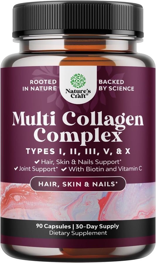 Ageless Multi Collagen Peptides Supplements with Biotin for Hair, Skin, and Nails - Type 1, 2, 3, 5 & X - 90 Count
