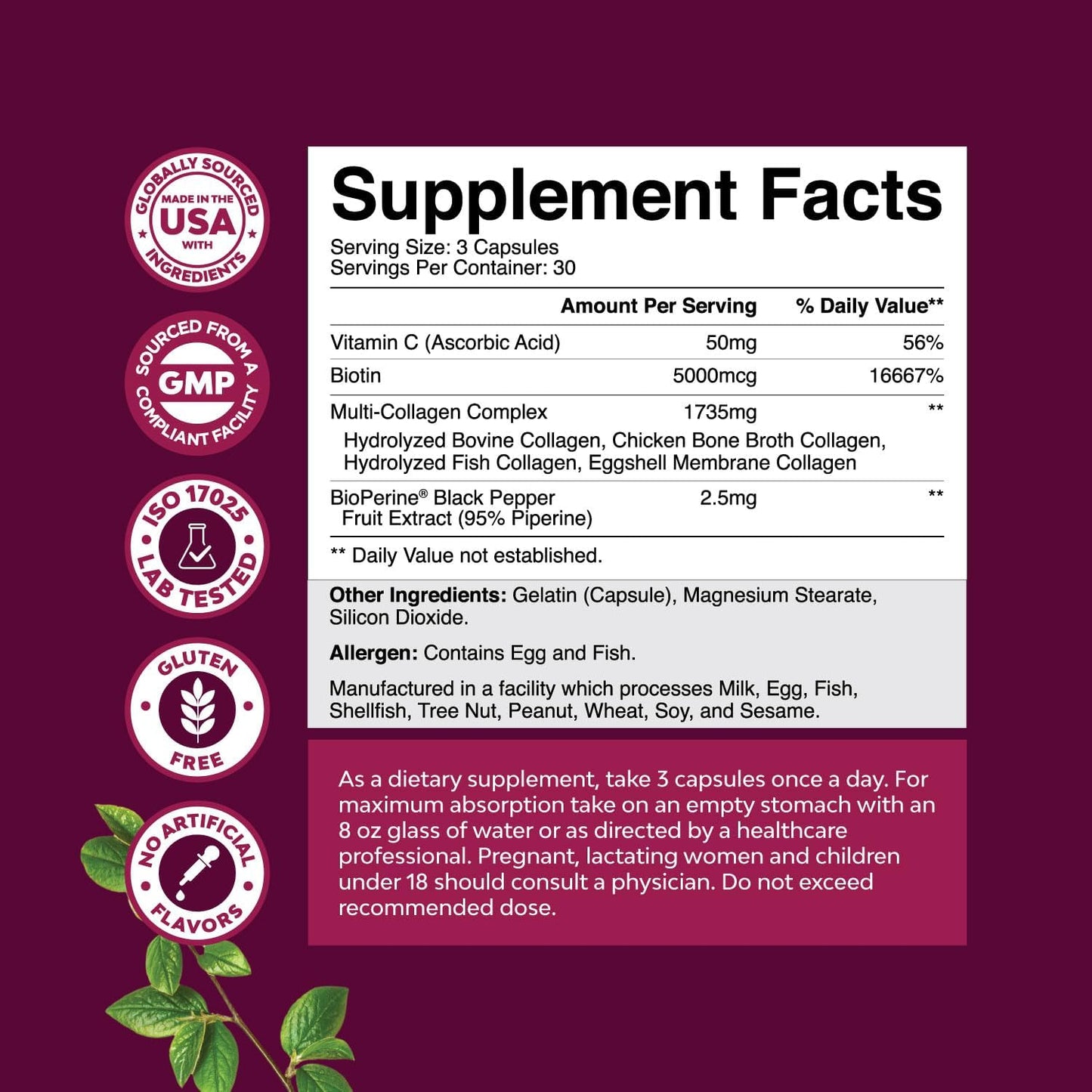 Ageless Multi Collagen Peptides Supplements with Biotin for Hair, Skin, and Nails - Type 1, 2, 3, 5 & X - 90 Count