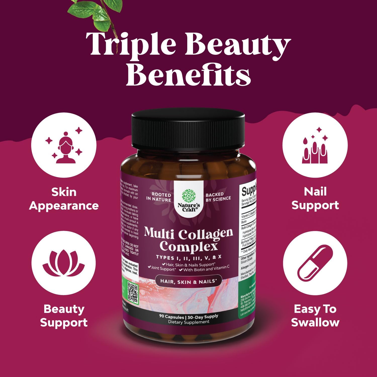 Ageless Multi Collagen Peptides Supplements with Biotin for Hair, Skin, and Nails - Type 1, 2, 3, 5 & X - 90 Count