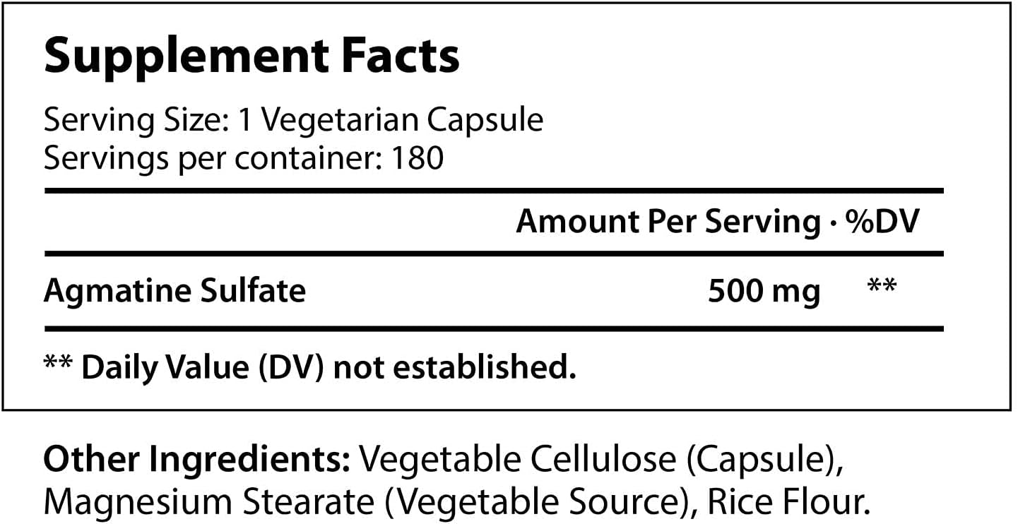 Agmatine Sulfate 500mg Capsules - 180 Count | Pre-Workout Nitric Oxide Supplement for Muscle Recovery, Strength, and Focus Boost