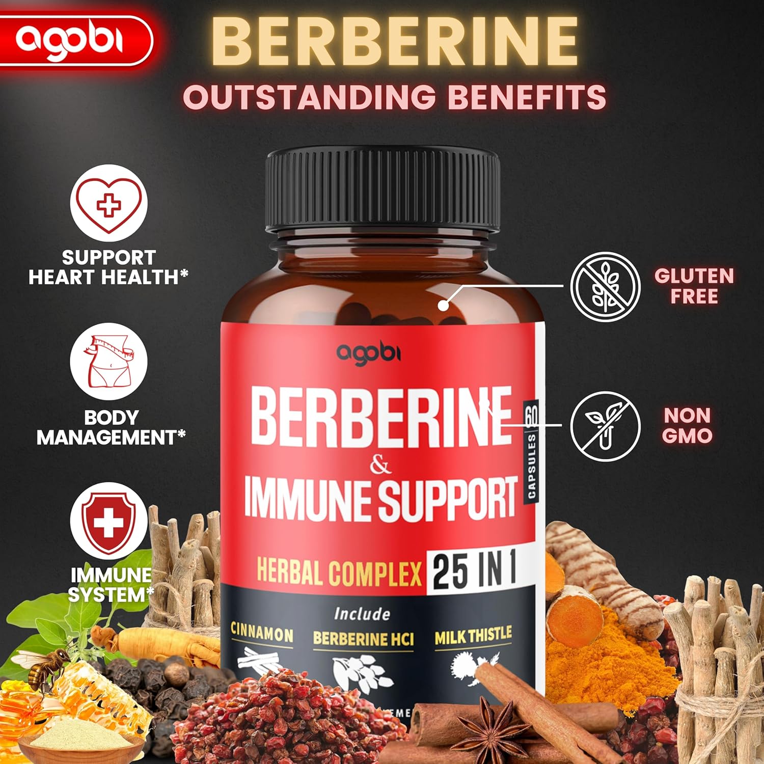 agobi Premium Berberine Supplement with Immune, Cardiovascular, and Digestive Support - 60 Capsules