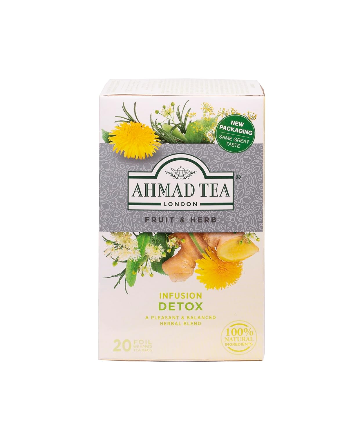 Ahmad Tea Detox Herbal Tea Bags - Ginger, Peppermint, Fennel, Dandelion, Birch - 20 ct x 6 Pack - Decaf & Sugar-Free