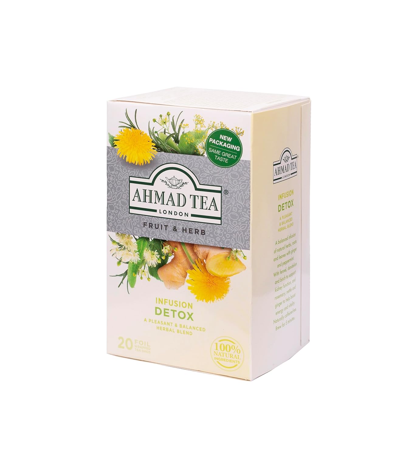 Ahmad Tea Detox Herbal Tea Bags - Ginger, Peppermint, Fennel, Dandelion, Birch - 20 ct x 6 Pack - Decaf & Sugar-Free