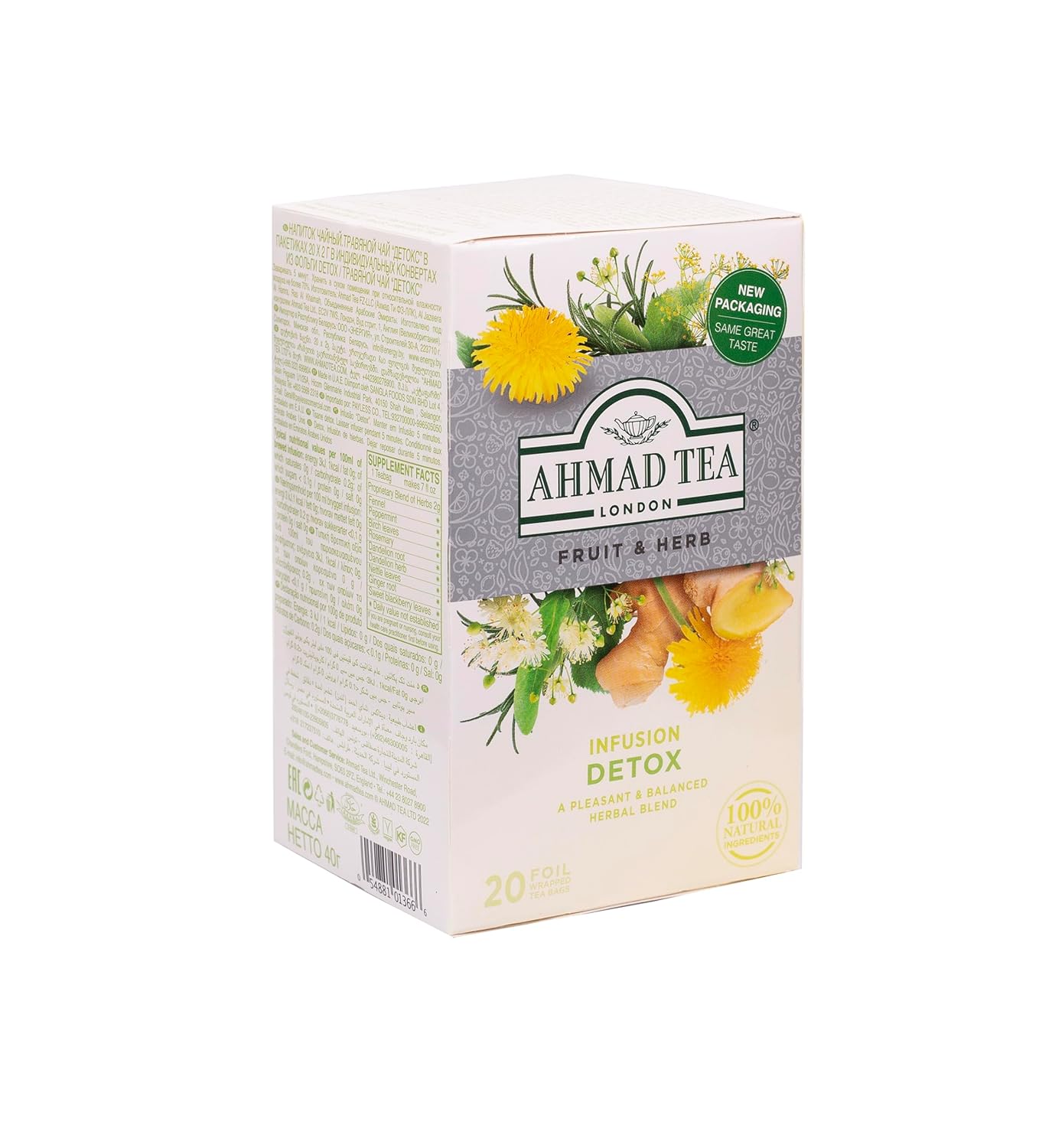Ahmad Tea Detox Herbal Tea Bags - Ginger, Peppermint, Fennel, Dandelion, Birch - 20 ct x 6 Pack - Decaf & Sugar-Free