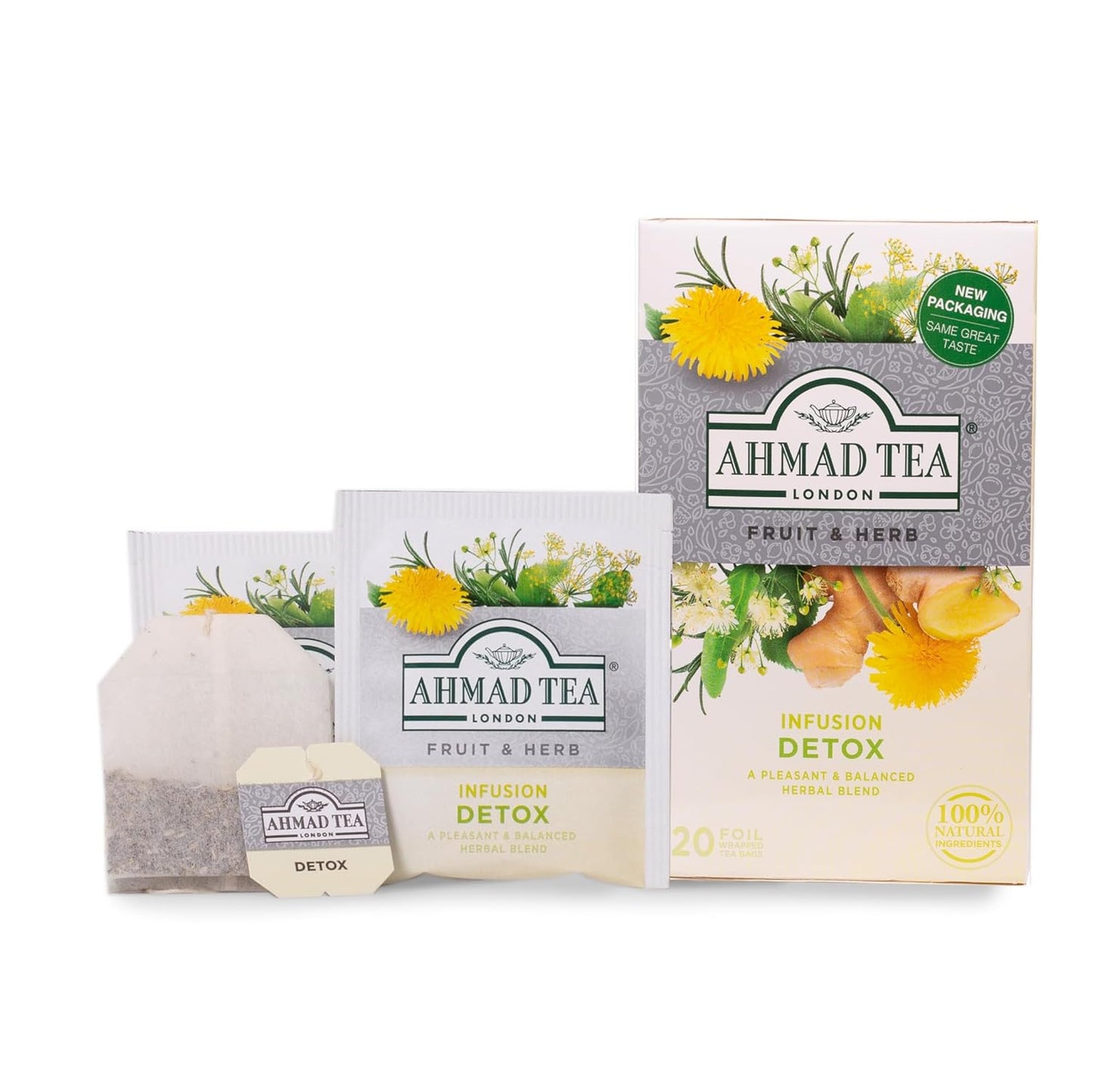 Ahmad Tea Detox Herbal Tea Bags - Ginger, Peppermint, Fennel, Dandelion, Birch - 20 ct x 6 Pack - Decaf & Sugar-Free