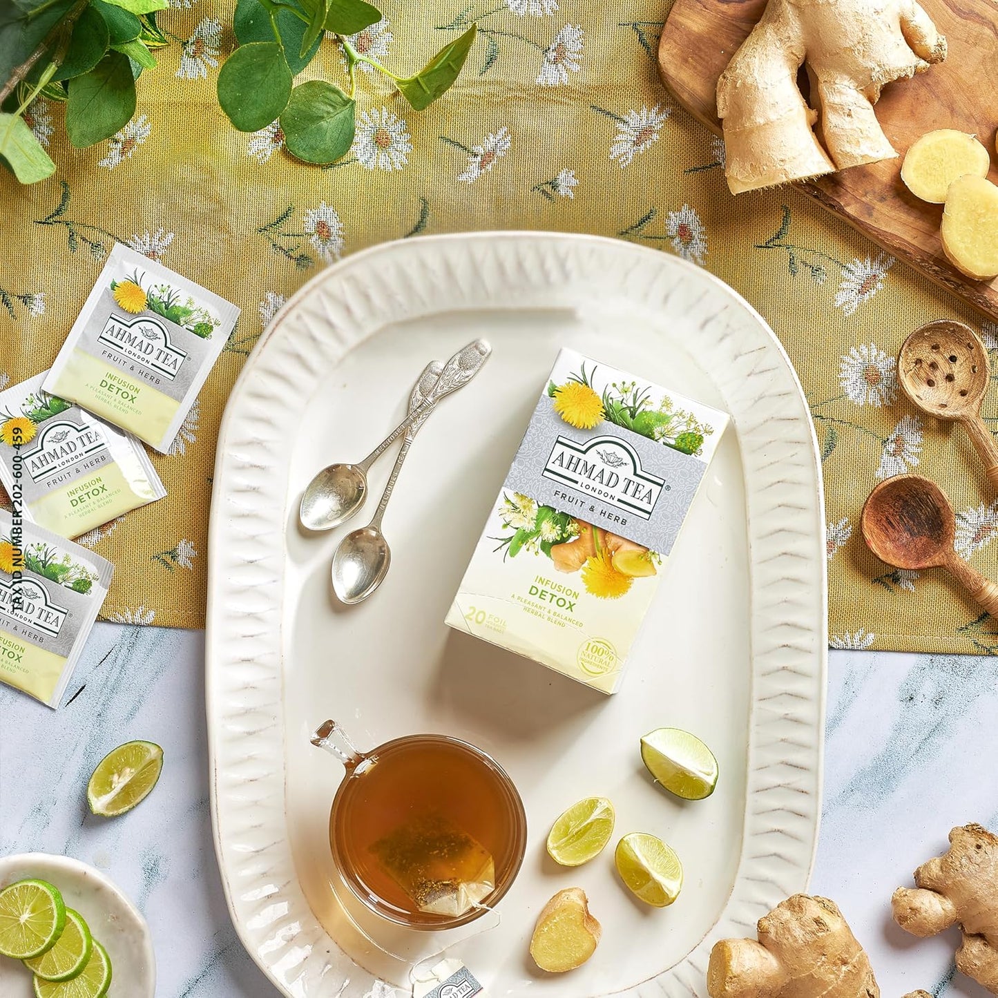 Ahmad Tea Detox Herbal Tea Bags - Ginger, Peppermint, Fennel, Dandelion, Birch - 20 ct x 6 Pack - Decaf & Sugar-Free