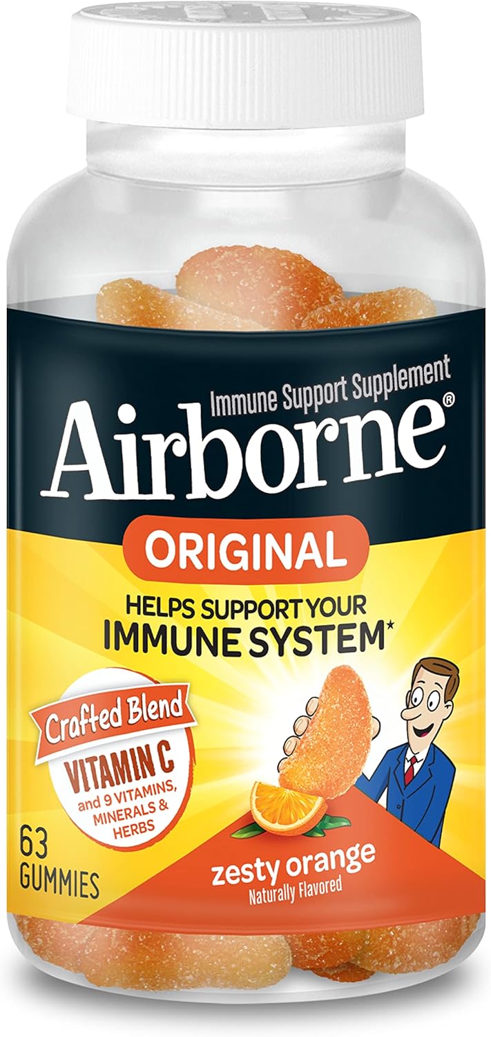 Airborne 750mg Vitamin C Gummies for Immune Support - Antioxidant Supplement with Vitamins C & E - 63 Zesty Orange Flavor Gummies