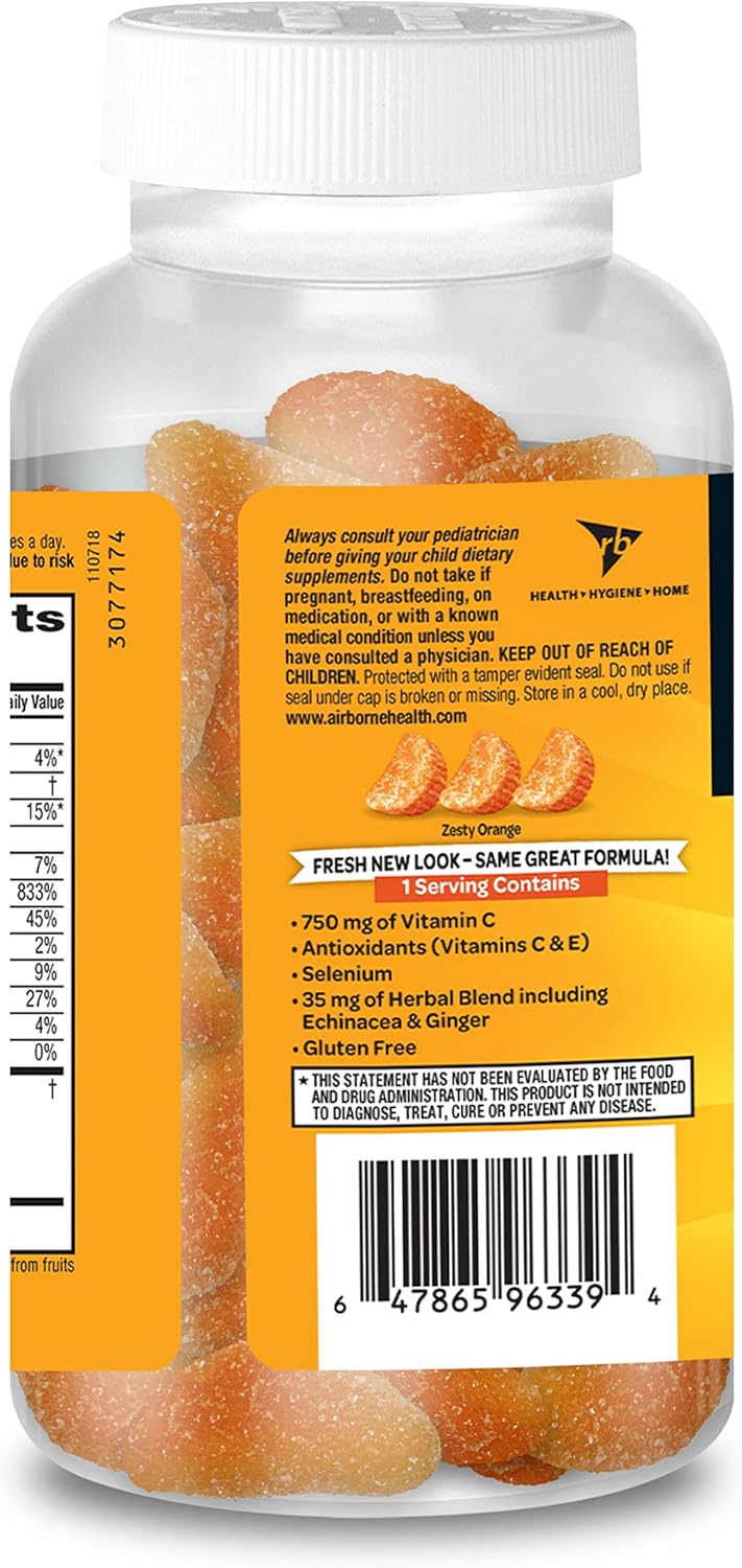 Airborne 750mg Vitamin C Gummies for Immune Support - Antioxidant Supplement with Vitamins C & E - 63 Zesty Orange Flavor Gummies