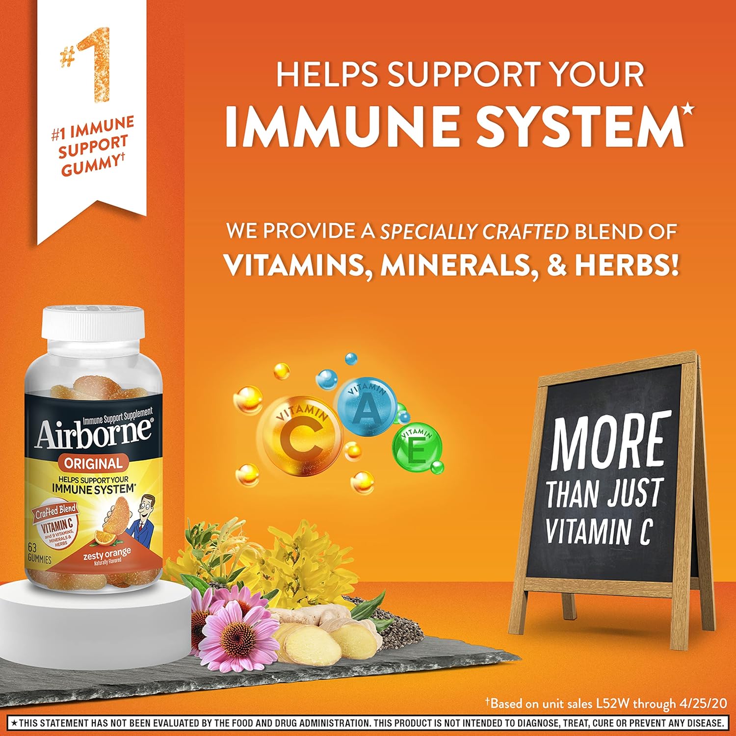 Airborne 750mg Vitamin C Gummies for Immune Support - Antioxidant Supplement with Vitamins C & E - 63 Zesty Orange Flavor Gummies